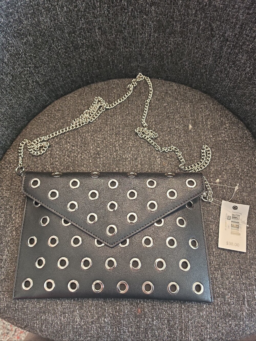 NWT Falls Creek Black Crossbody Or Clutch Purse Silver Chain Strap & Grommets